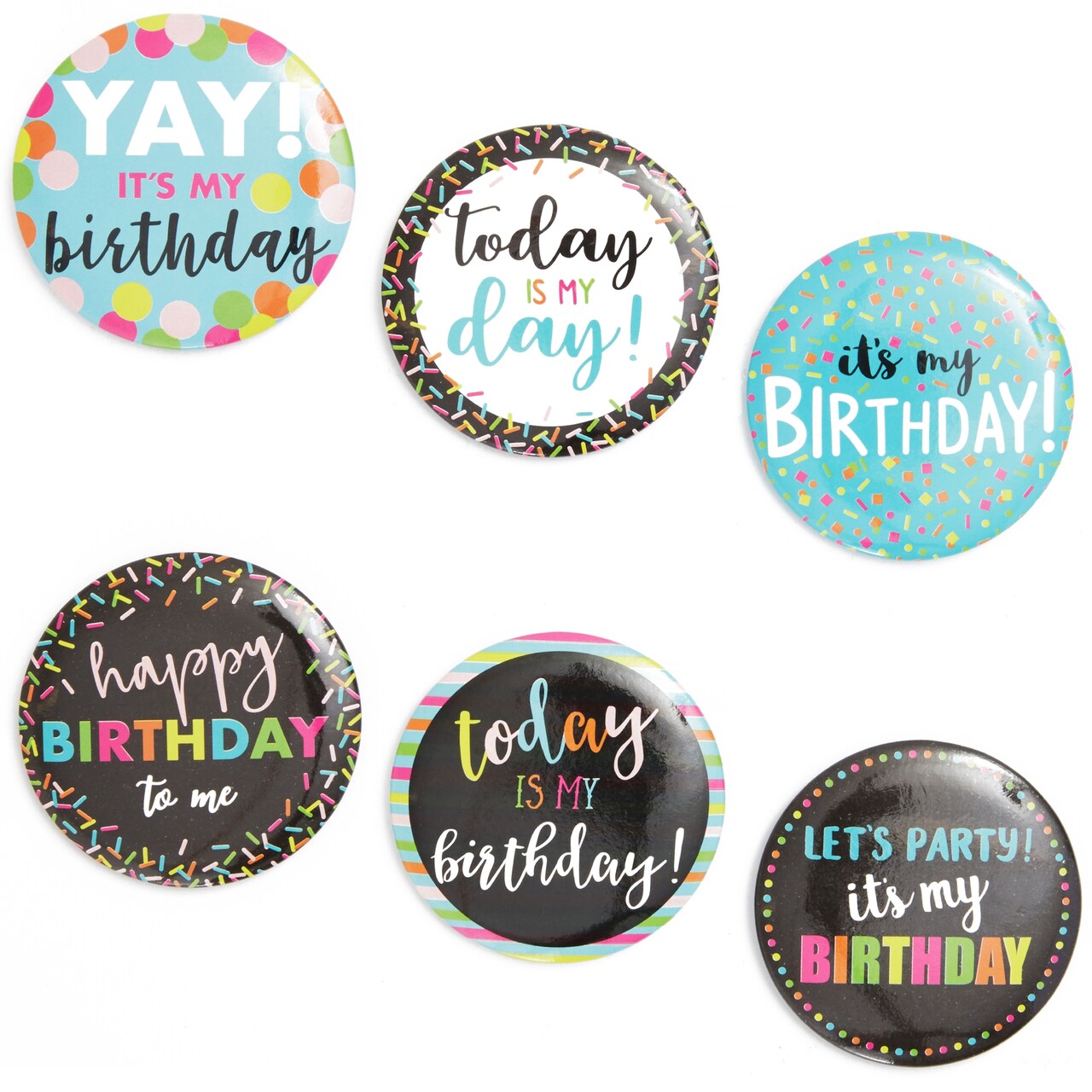 Happy Birthday Pinback Party Buttons (2.25 Inches, 6 Designs, 24-Pack)